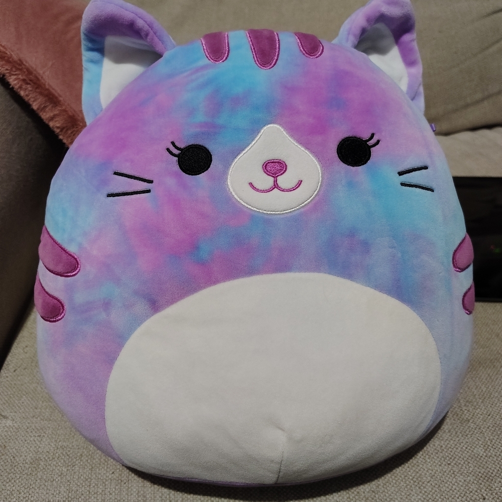 Squishmallows Tie-Dye Cat Pillow - Purple, Blue & White
